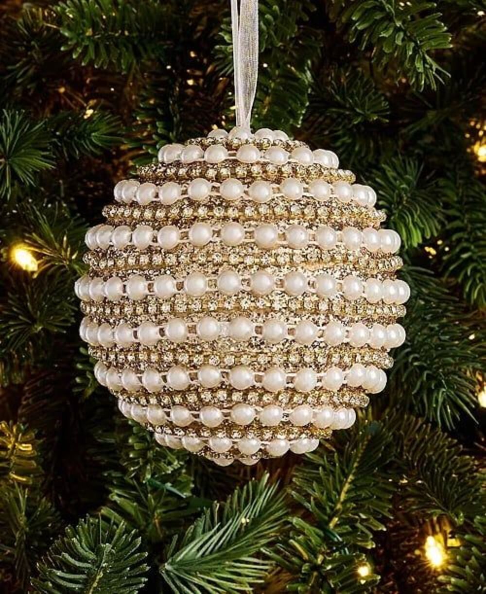 Macy’s Holiday Lane Gilded Glamour Pearl Stripe rhinestone Christmas Ornament